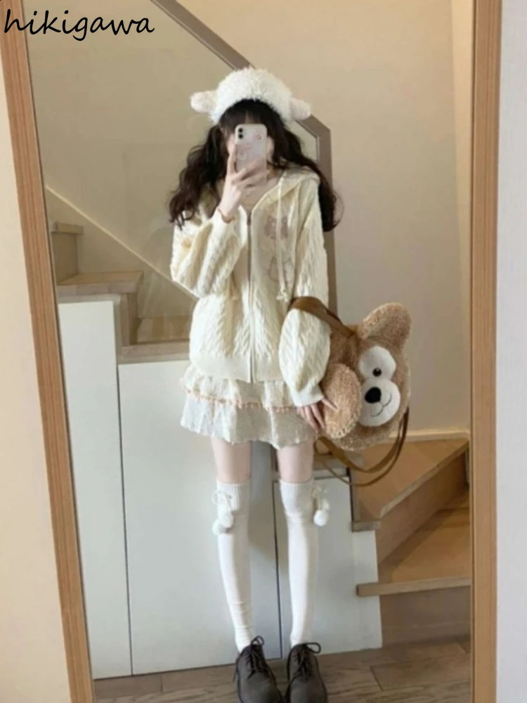 Knitwear Cardigan Tops Women Clothing Sueter Mujer Cute Cat Japanese Pull Femme Hooded Casual Knitted Oversized Sweater Coat 240824