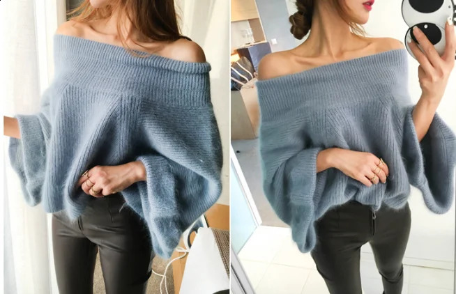 Sexy Off Shoulder Knitted Sweater Women Solid Loose Flare Sleeve Pullover Jumpers Female Mink Cashmere Sweater poncho 240824