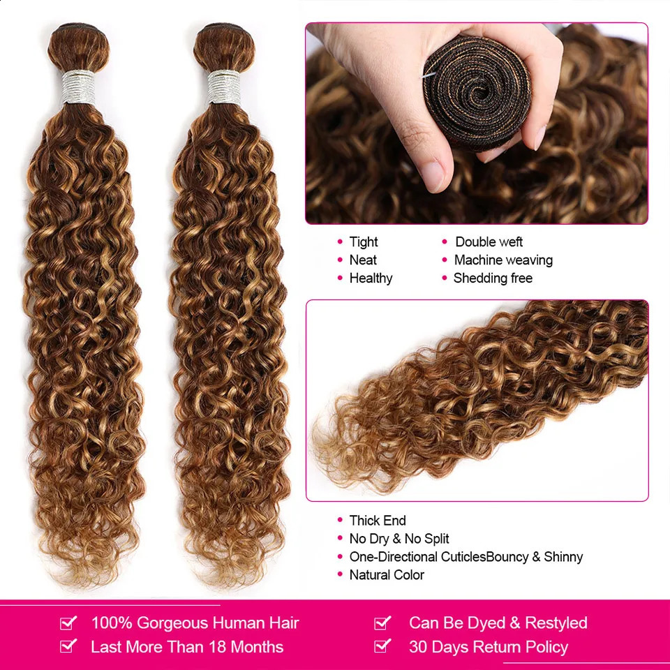 Maxine Highlight Water Wave Human Hair Bundle P427 Brown Blonde Braided Colorful Curled 240801