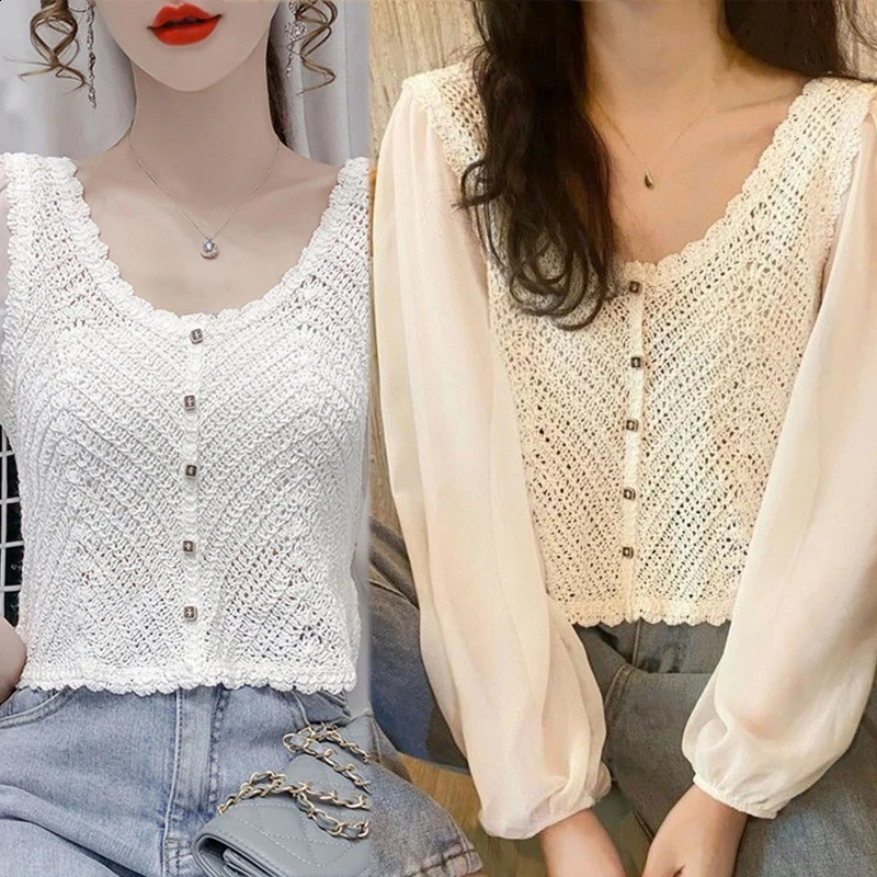 Women French Puff Long Sleeve Cropped Cardigan Neck Button Down Hollow Crochet Knit Solid for Jacket 240824