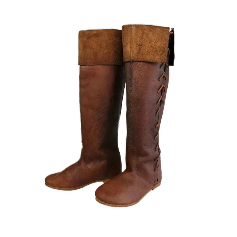 Renaissance medieval role-playing Gothic punk pirate prop shoes leather knight high boots mens paladin costume wizard 240823