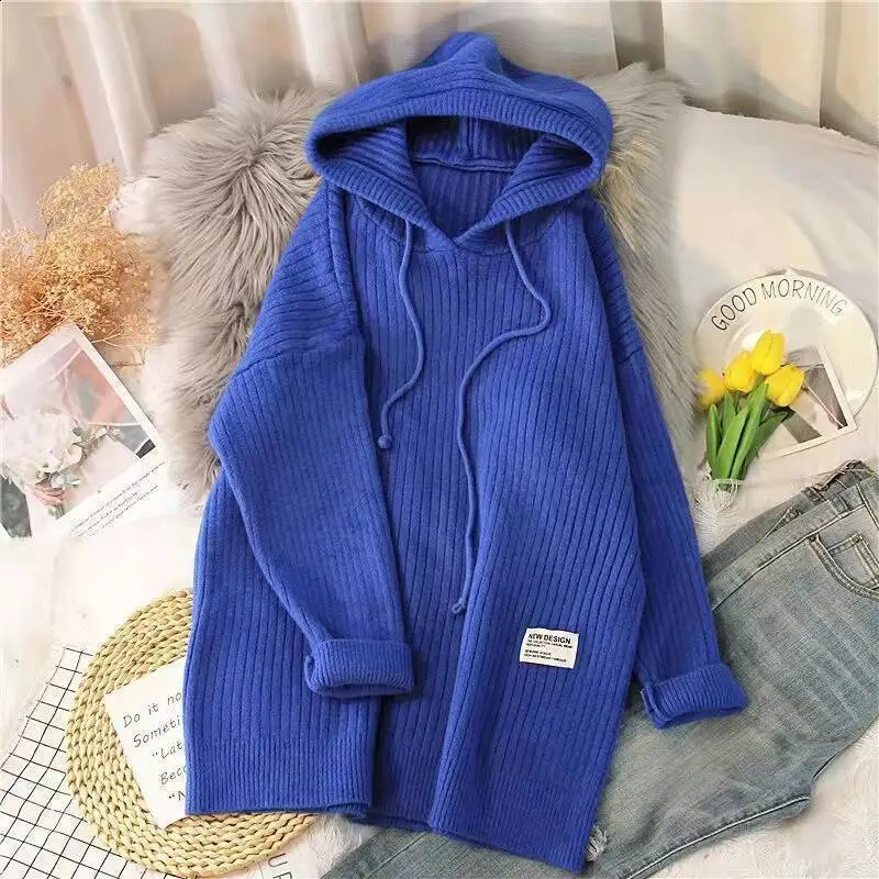 Autumn and Winter Hooded Knitted Sweater Womens Solid Color Knitted Sweater Loose Medium Long Thickened 240824