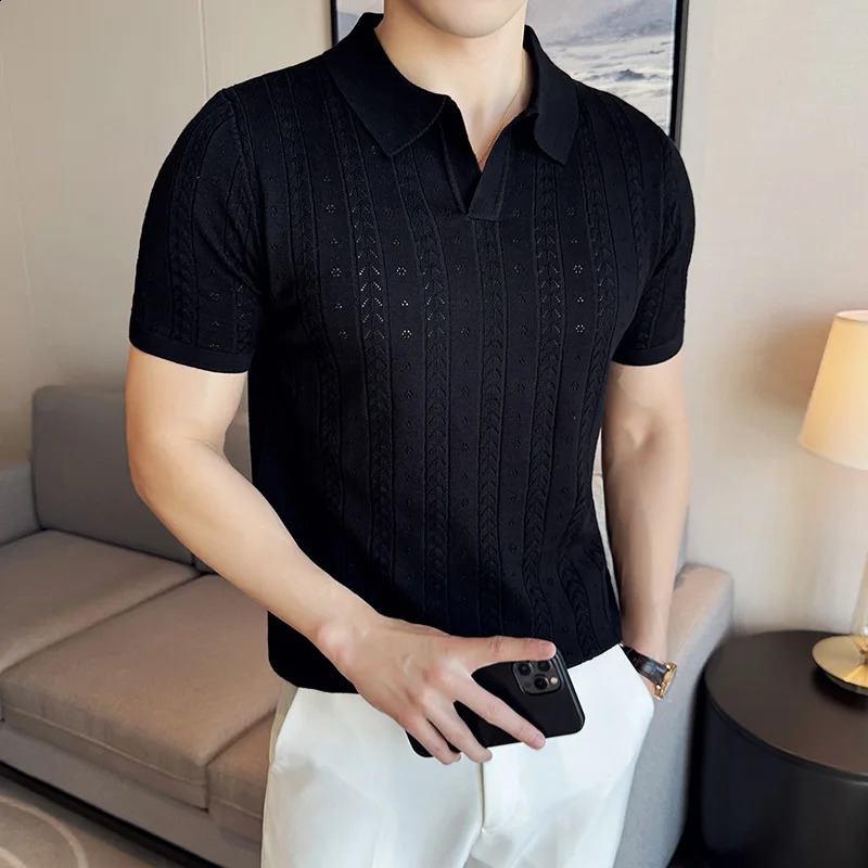 Mens V-neck POLO Shirt Summer Hollow Striped Jacquard Solid Color Casual Short Sleeve knitted T-shirt Mens Clothing 240824