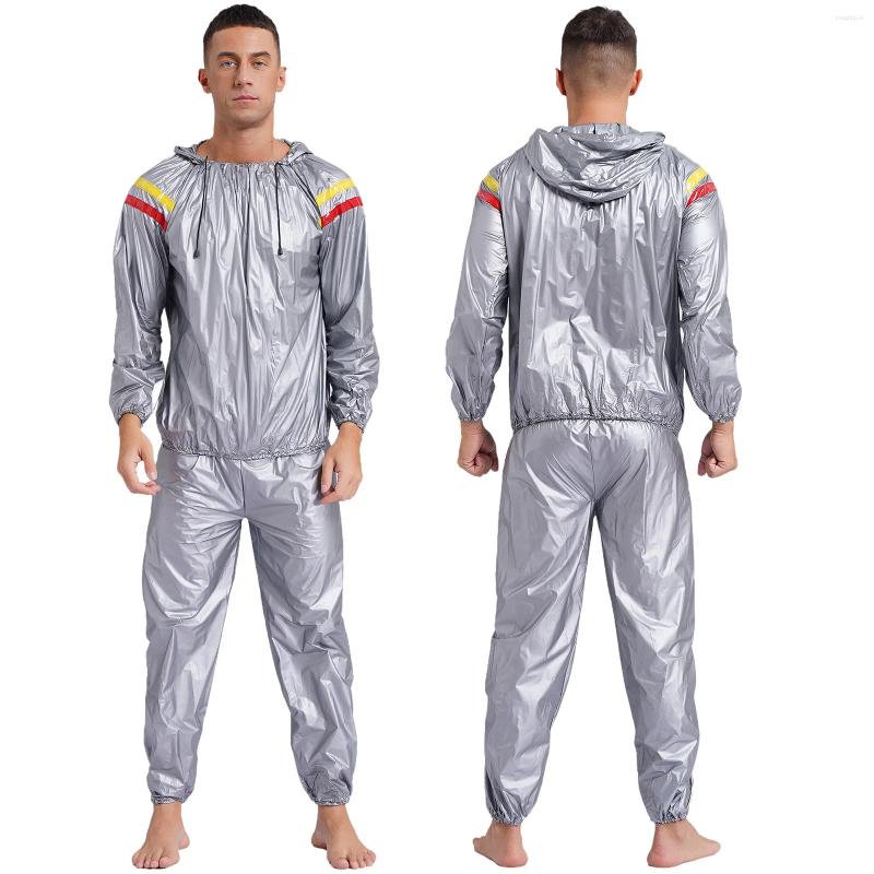 Men's Tracksuits Mens Sauna Sweat Outfit Heavy Duty Fitness Weight Loss Suit Exercise Gym Anti-Rip Hooded Jacket And Long Pants