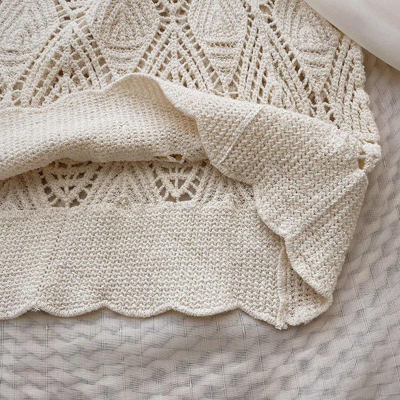 OUMEA Women Cotton Crochet Blouse With Long Chiffon Puff Sleeve Casual Tops Square Neckline Knit Shirts Korean Style Tops 240824