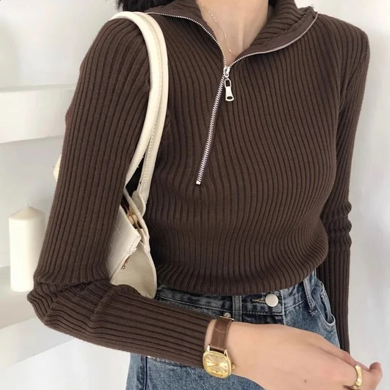 Autumn Winter Solid Color Pullovers Interior Lapping Long Sleeve Casual Undercoat Zipper Turtleneck Sweaters Womens Clothing 240824