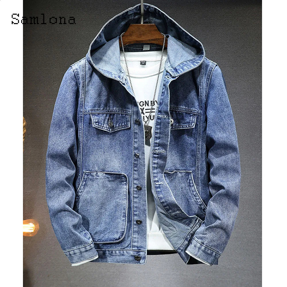 Plus Size 4xl 5xl Mens casual hooded denim jacket long sleeved multi pocket retro basic 240824