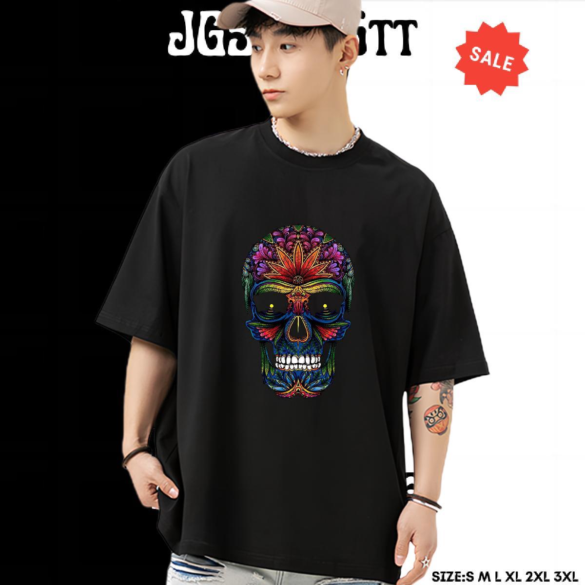 Unisex T shirt 230g Pure Cotton skull Street Casual Floral Print Breathable Men Tees 2024 DIY Wear