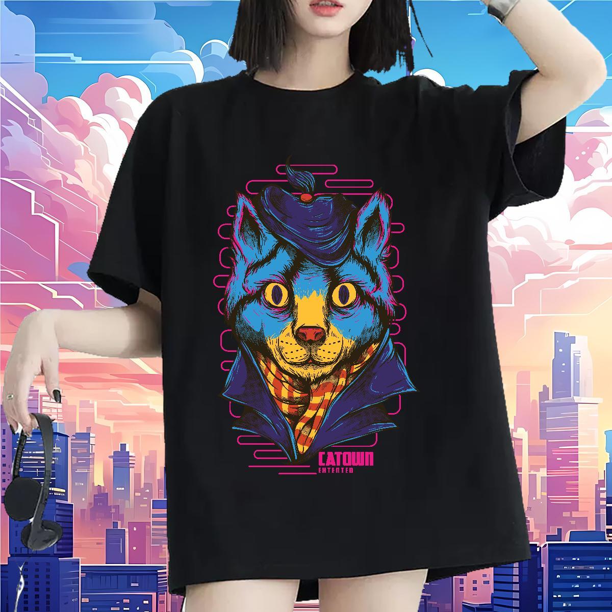 5A Couples T Shirts 100% Cotton 230g Blue cat Home Outdoor T-Shirts for Women Short sleeve Soft Custom Printing Clothings