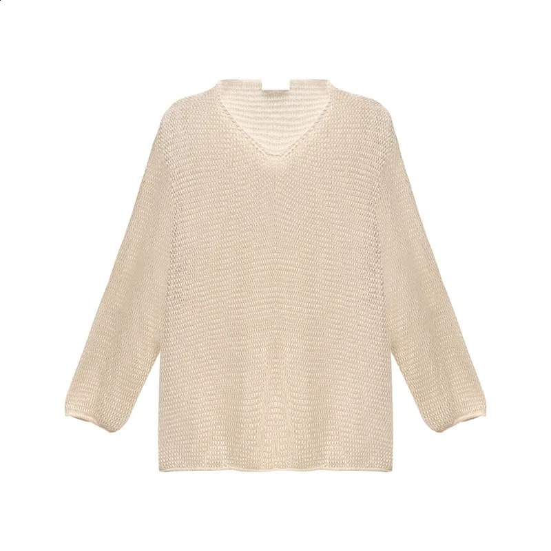 Hollow Out Chic Blouse Female Autumn Thin Knitwear Korean Loose Sweater Beige Women Fashion Jumpers Pullovers Casual Sweaters 240824