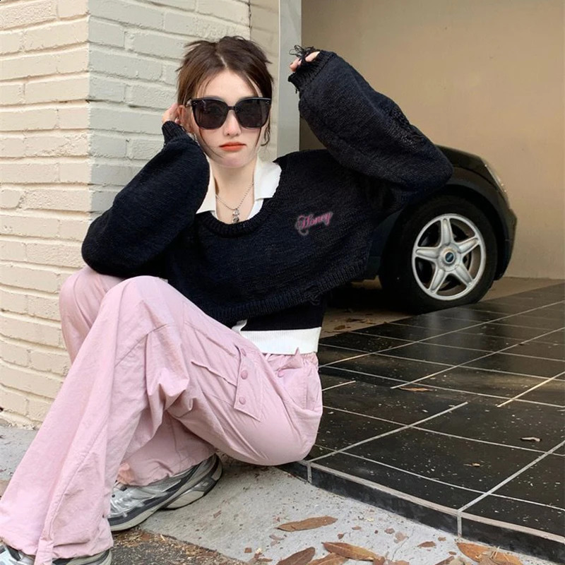 Lucyever Y2K Vintage Cropped Sweater for Women Harajuku Ripped Hollow Out Smock Pullover College Style Sweet Knitwear Jumpers 240824