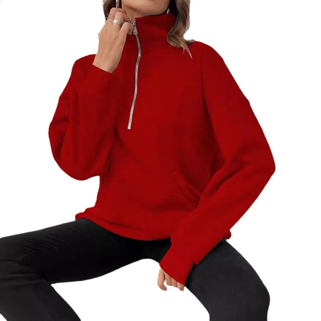 grey Autumn Winter Womens Hoodies Solid Color Loose Short Half Zip Pockets Thumb Hole Long Sleeve Pullover Sweatshirts hoody 240824