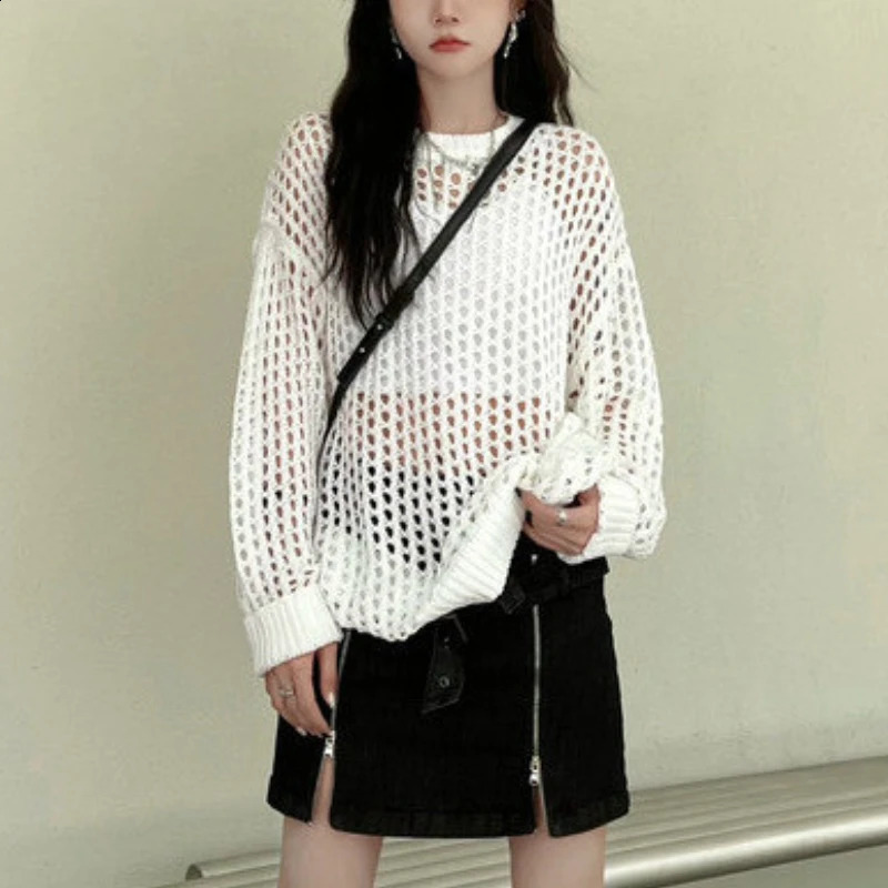 Hollow Out Pullovers Women Summer Long Style Baggy Clothing Knitting Casual Holiday Female Aesthetic Tender Minority Drape Ins 240824