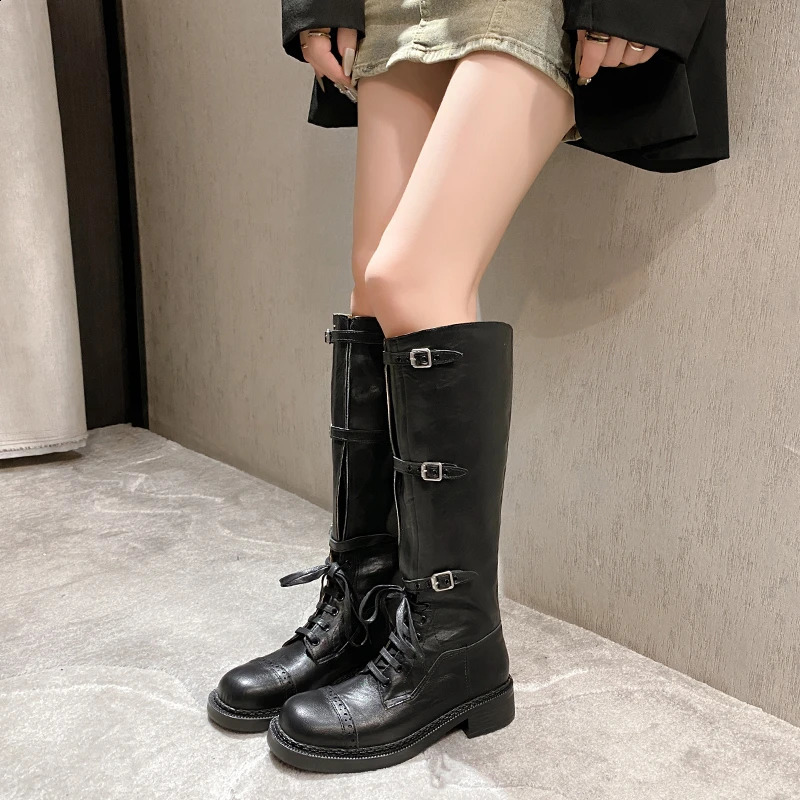 2024 Womens Fashion Buckle Knight Boots Autumn Winter Platform Knee High Boots Womens Retro PU Leather Boots 240823