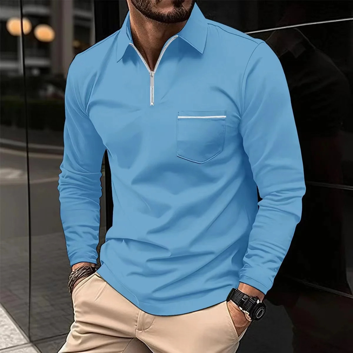 Spring Autumn Mens Daily Casual Simple Style Solid Color Zipper Splicing Pocket Breathable Slim Long-Sleeved Lapel Polo Shirt 240824