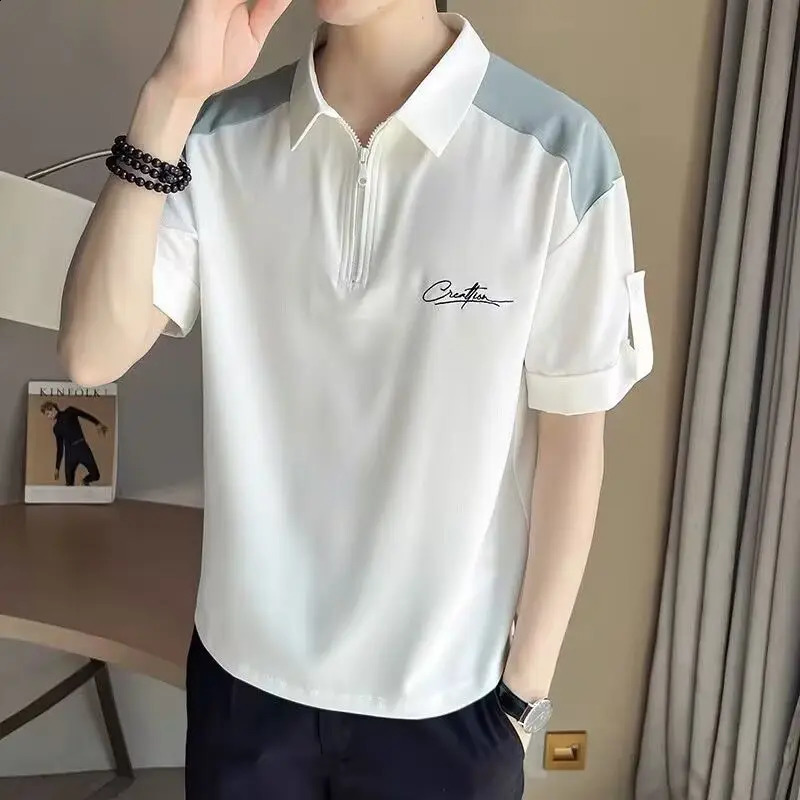 friend Summer Spliced Polo Shirts Zipper Fashion Solid Color Loose Comfortable All-match Casual Short Sleeved Tops 240824
