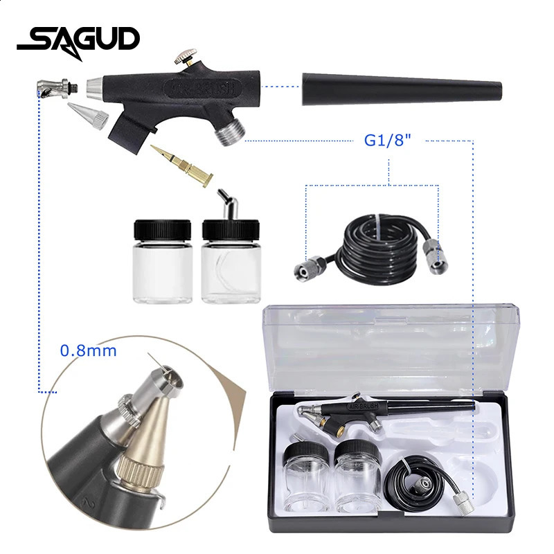 SAGUD 0.8mm spray gun kit with 1/8 interface equipped with a 22cc spray gun cup and air hose component suitable for paint treatment models tattoo cake