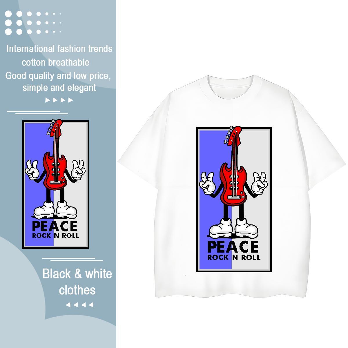 Loose fit Women Tees 230g Pure Cotton guita Outdoor T Shirt For Woman O Neck Short Sleeves Cartoon Printing L-4XL Top Tees