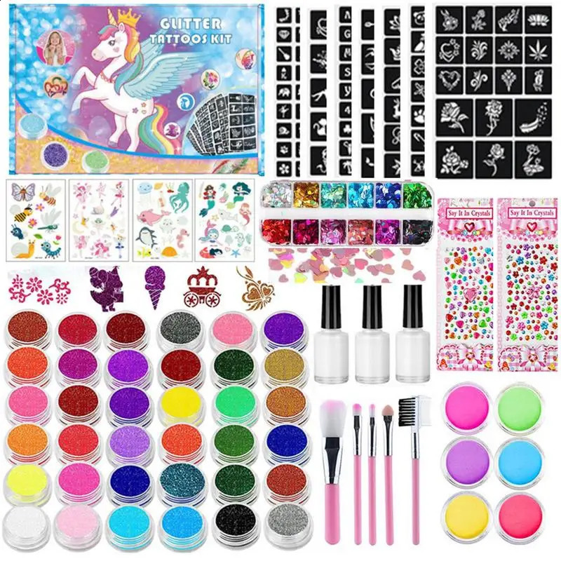36 Color Diamond Sparkling Art Charm Sparkling Tattoo Set Sparkling Powder Stickers Makeup Brush Temporary Tattoo Set 240823