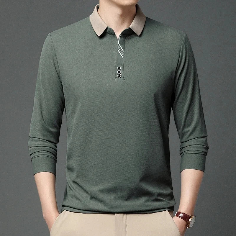 High quality mercerized cotton long sleeve t-shirt mens spring and autumn fashion contrast Lapel Polo loose casual top 240824
