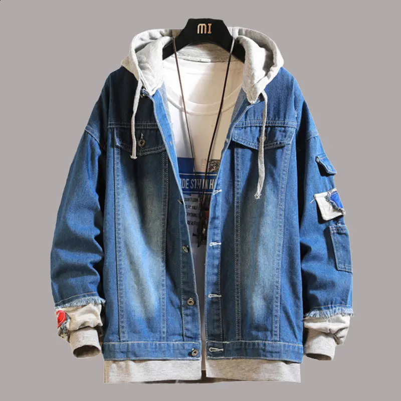 Mens hooded denim jacket hiphop retro streetwear casual bomber mens jeans 240824