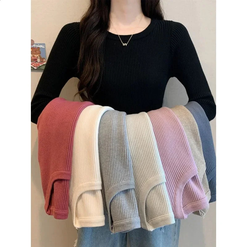 Black Round Neck Sweater For Women Stylish Slimming Long Sleeve Knitted Top For Autumn/winter Inner Wear 240824