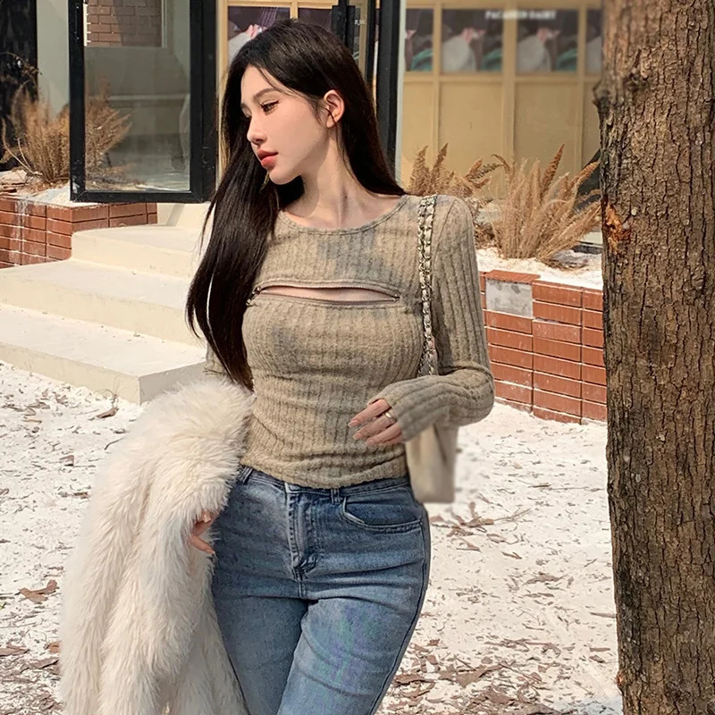 Autumn Women Sexy Hollow Out Knitted Cropped Sweater Pullovers Y2K Club Zipper Knitwear Long Sleeve Slim Jumper Streetwear 240824