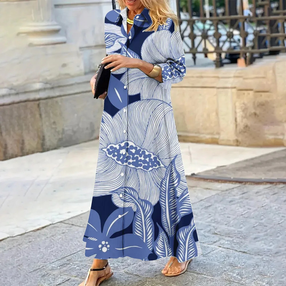 Summer Womens Dress Iapel Long-Sleeved Shirt Dress Classic Antique Porcelain Blue Pattern Single-Breasted Shirt Dress 240824