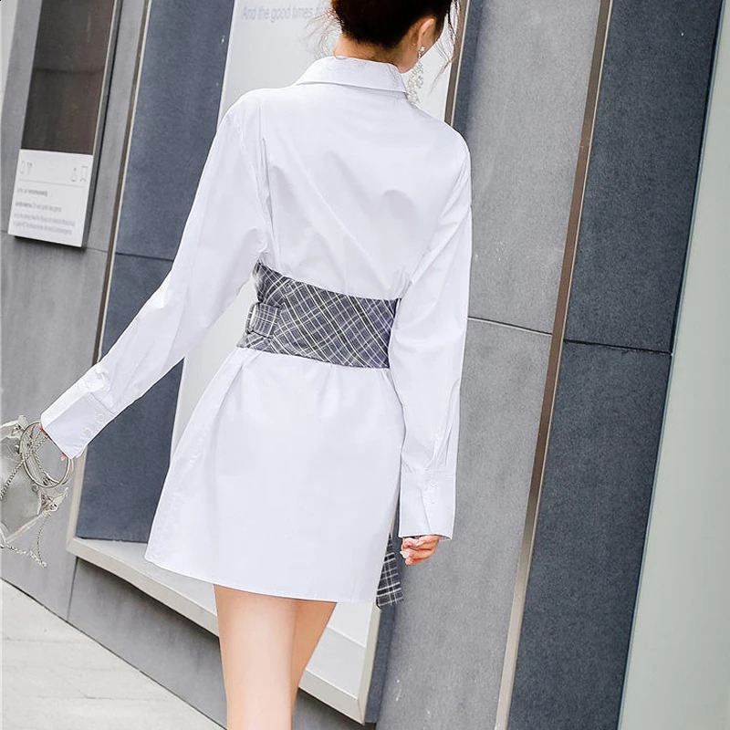 Womens Fashion Vintage Plaid Belt Asymmetrical n Elegant Mini Dress Autumn Office Lady Long Sleeve Slim Chic Shirt Dresses 240824