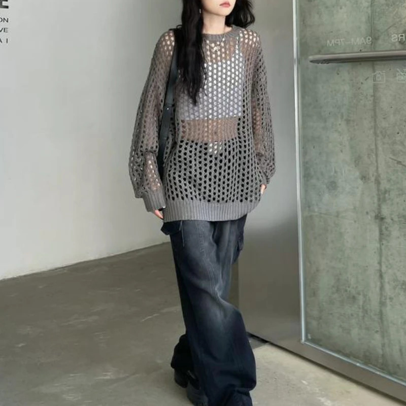 Hollow Out Pullovers Women Summer Long Style Baggy Clothing Knitting Casual Holiday Female Aesthetic Tender Minority Drape Ins 240824