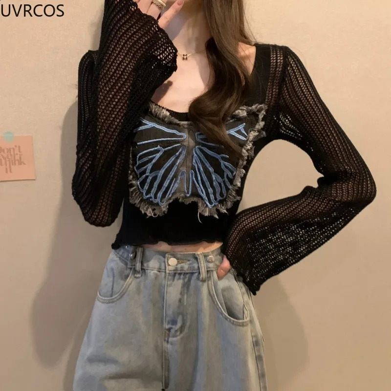 Autumn Vintage Elegant Knitted Pullovers Women Butterfly Hollow Out Long Sleeved Knitwear Crop Tops Korean Fashion Sweater Coat 240824