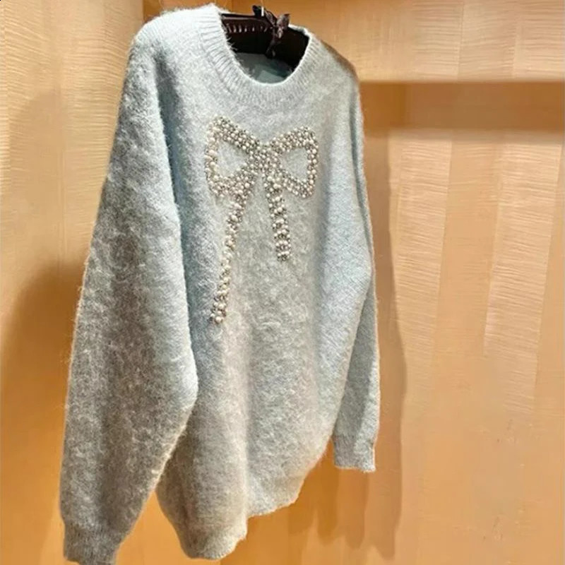 Streetwear Bow Beading Sweater Women Sweet Oversized Knitted Pullovers Vintage Loose Knitwear Winter Korean Casual Jumper Tops 240824