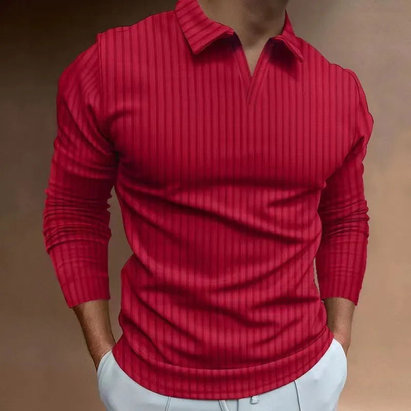 mens spring and autumn casual striped long sleeve top V-neck loose polo shirt 240824