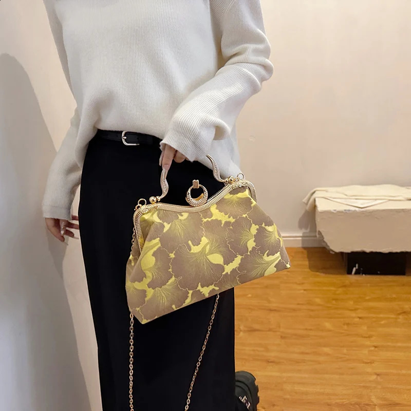 Floral Print Small Tote 2024 Women Green Handbags Party Clutch Female Dinner Chain Shoulder Bags Messenger 240824