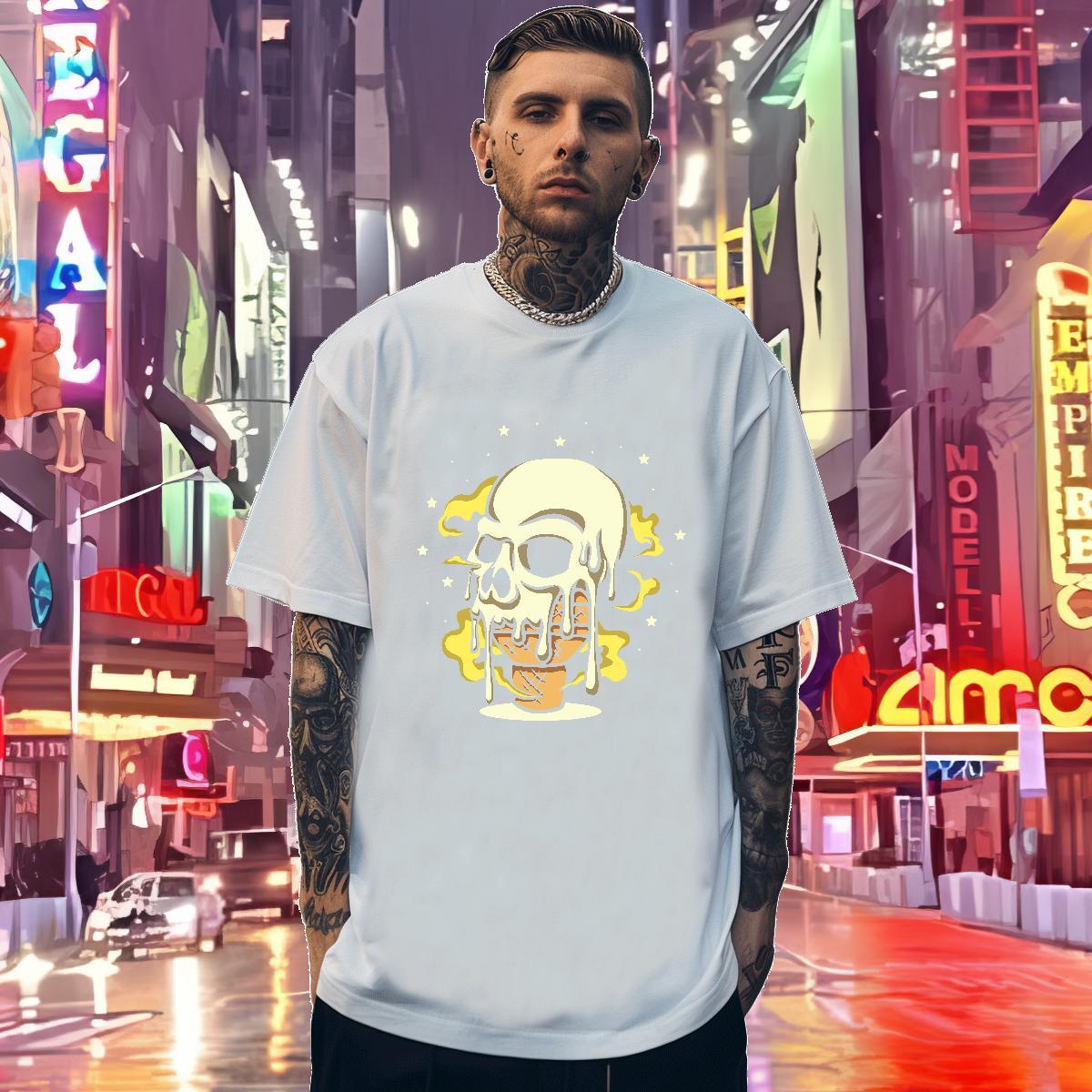 Unisex T Shirt For Man 230g 100% Cotton skull Beach Plus Size Cartoon Breathable Crew Neck Men Clothes T-Shirt Fashion Design Tees