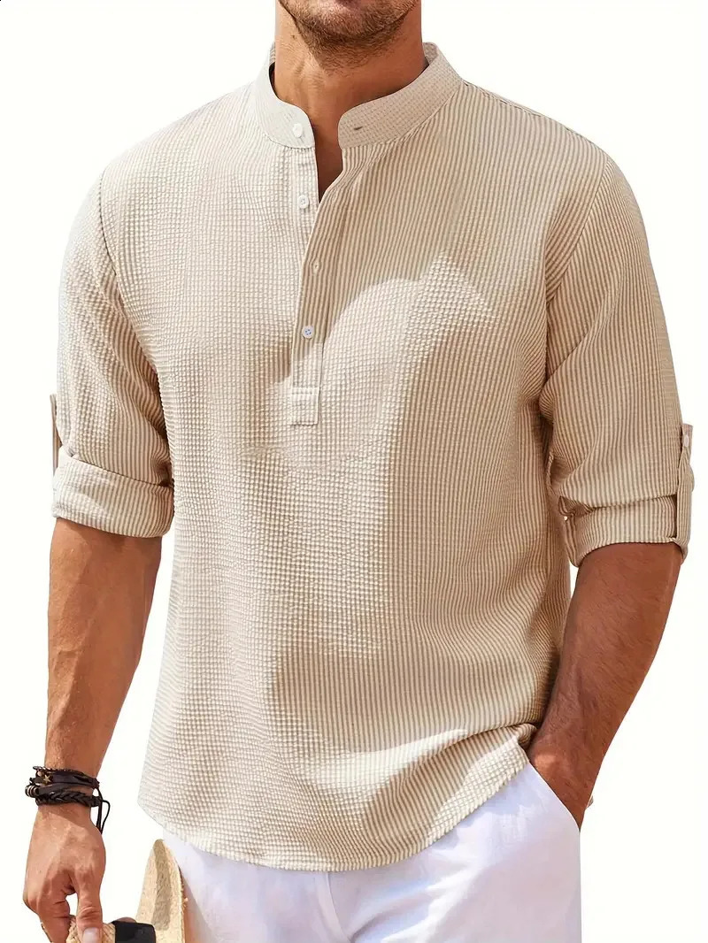 Mens Polo Shirt Autumn Mens Long Sleeve Stand Collar Waffle Fabric Polo Shirt Mens Long Sleeve Solid Color T-Shirt Loose 240824