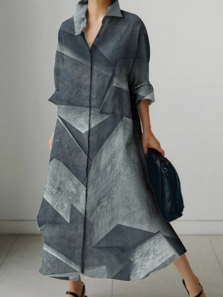 Long Sleeve Lapel Shirt Dress Long Skirt Geometric Print n Womens Loose Dress For Spring And Summer Breathable Comfort 240824