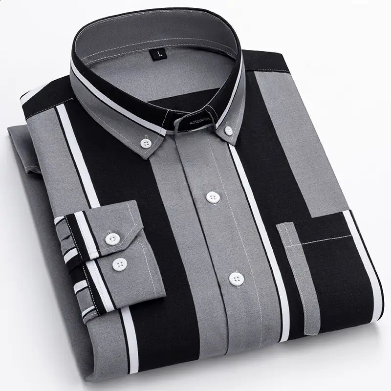 Spring Autumn Fashion Printing POLO Collar Long Sleeve Mens Clothin Shirts Korean Loose Striped Thin Style Pocket Blouse 240824