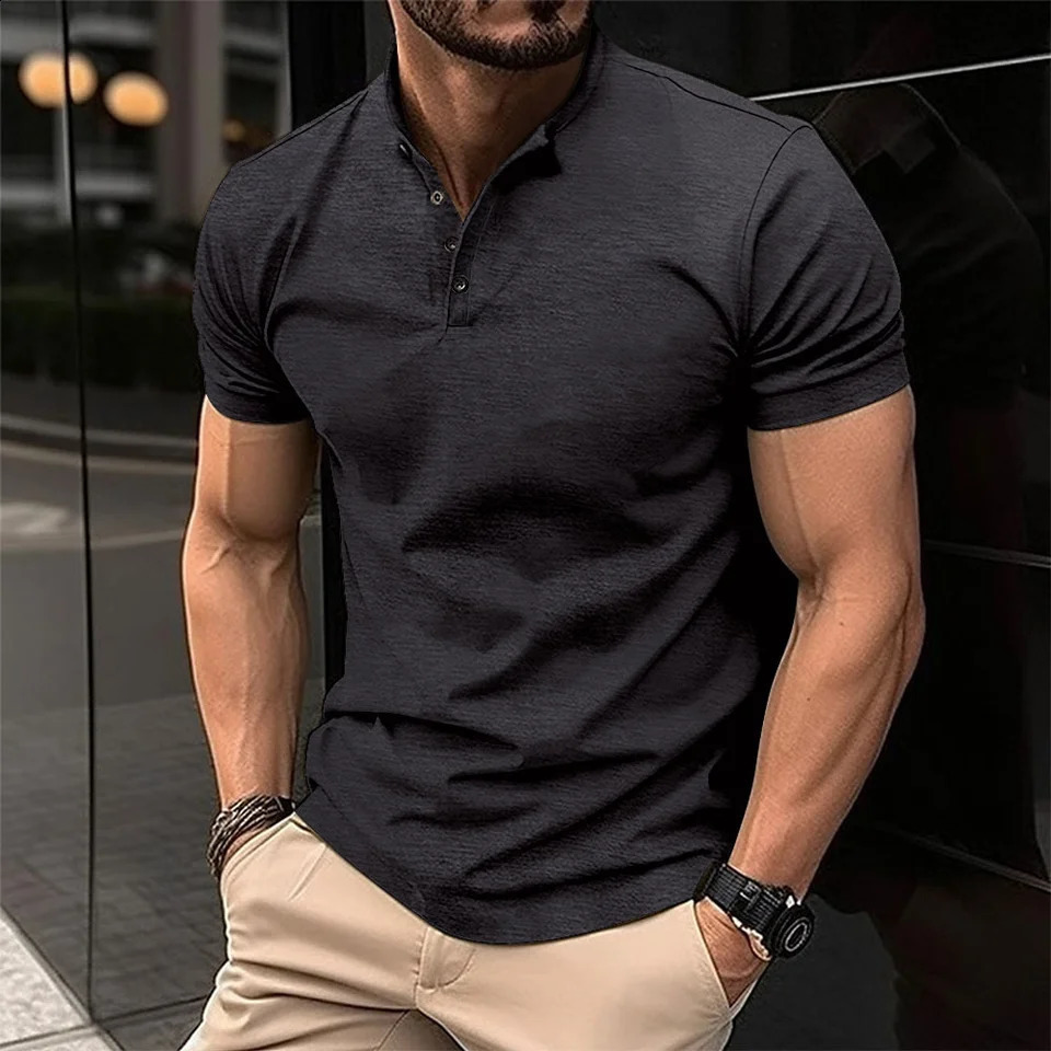 Mens POLO shirt button Henry collar short-sleeved pullover casual sports solid color stand collar trend T-shirt 240814