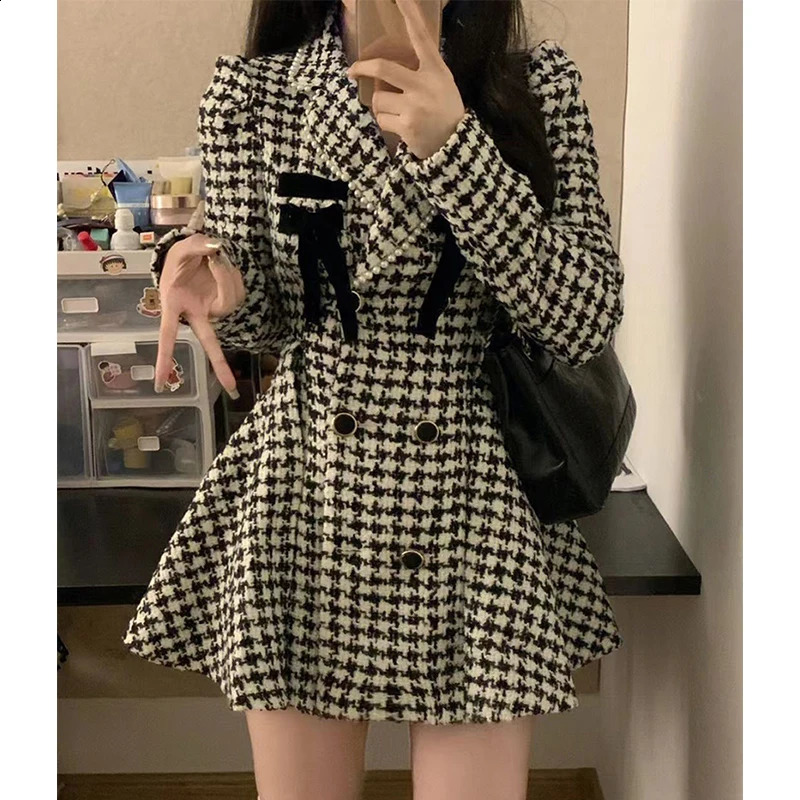 MEXZT Vintage Bow Mini Dress Women Elegant Party Houndstooth Tweed One Piece Dresses Winter Kawaii Korean Bodycon Vestidos 240824