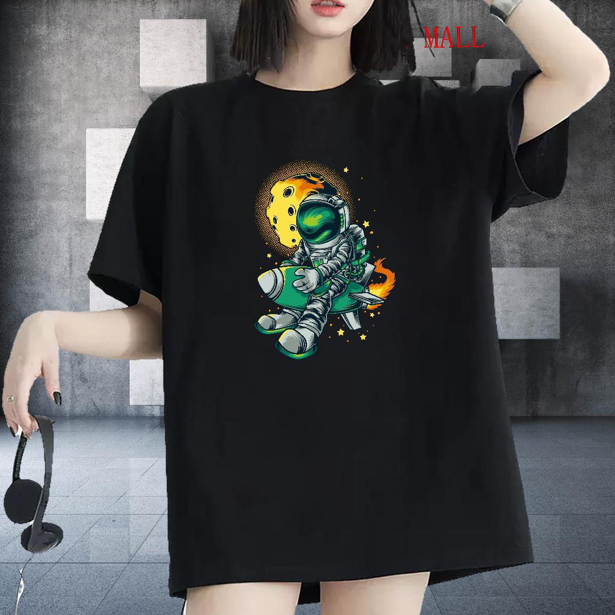 Loose Women Tshirts 230g Cotton universe Sports Street Wear T-Shirts for Women Breathable Short Sleeve Cartoon Print Tops