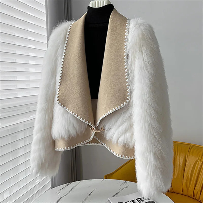 Artificial fox fur car striped coat womens winter collar highend short doublesided wool fashionable open top thick 240824