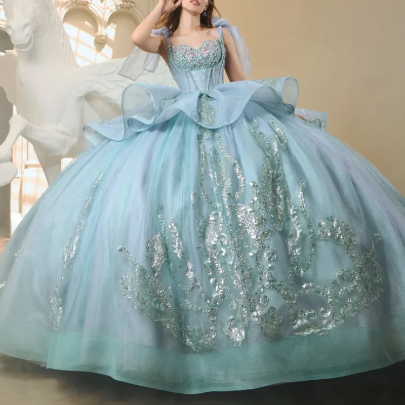 Mexican Quinceanera Dresses Sequin Applique Beads Crystal Tull Corset Lace Up Sweet 16 vestido 15 De quinceaneras