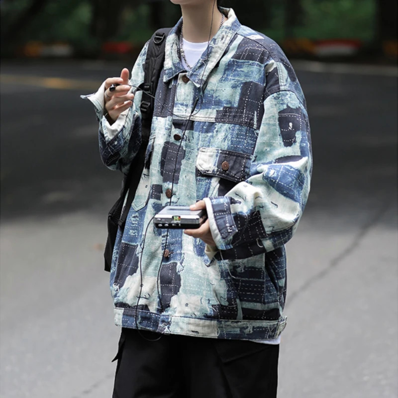 Denim jacket mens asymmetrical contrasting color pocket European style retro temperature backpack autumn fashion casual youth 240824