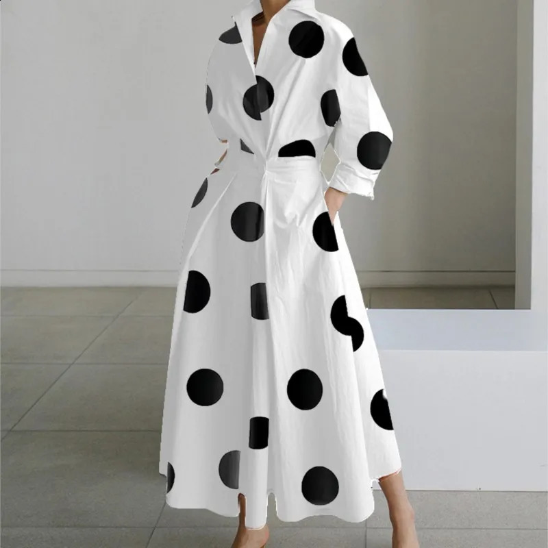 Autumn Women Fashionable Long Sleeved V-neck Printed Dress Ladies Elegant Polka Dot Print Pocket Patchwork Large Hem Dress 240824
