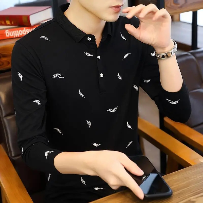 Fashion Button Printed Loose Korean Polo Shirts Mens Clothing Autumn Casual Pullovers Long Sleeve All-match Tee Shirt 240824