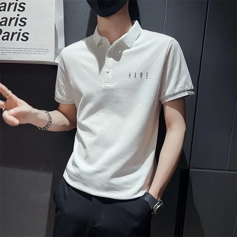 T Shirt for Men 100 Cotton Top Skinny Man with Collar Tee Alphabet Polo Shirts Aesthetic drying Casual Tops Clothes 240824
