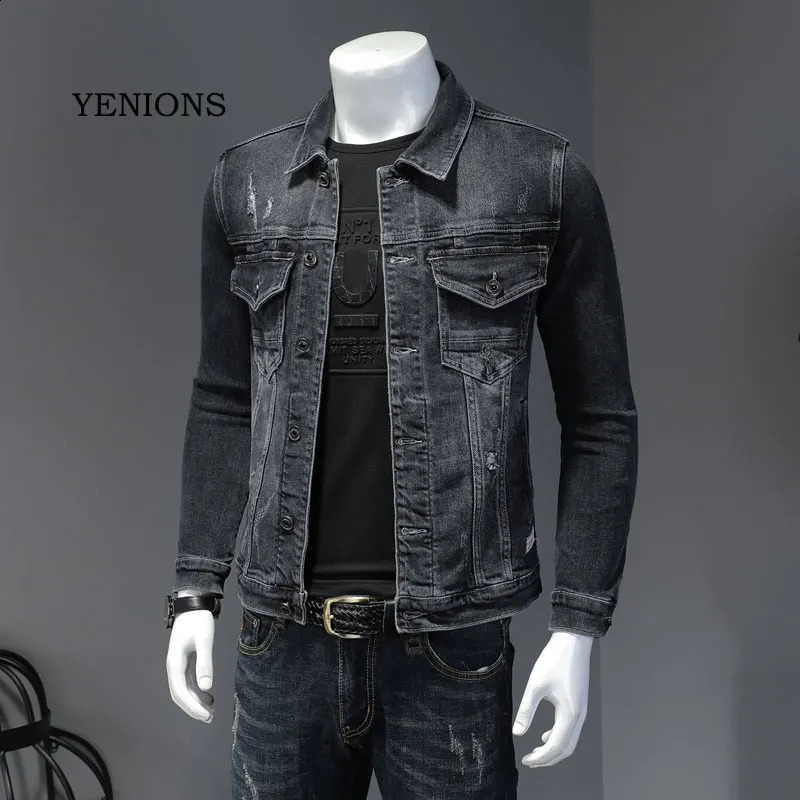 Mens denim jacket blue gray cotton swivel collar long sleeves ultrathin clothes motorcycle jeans mens 240824