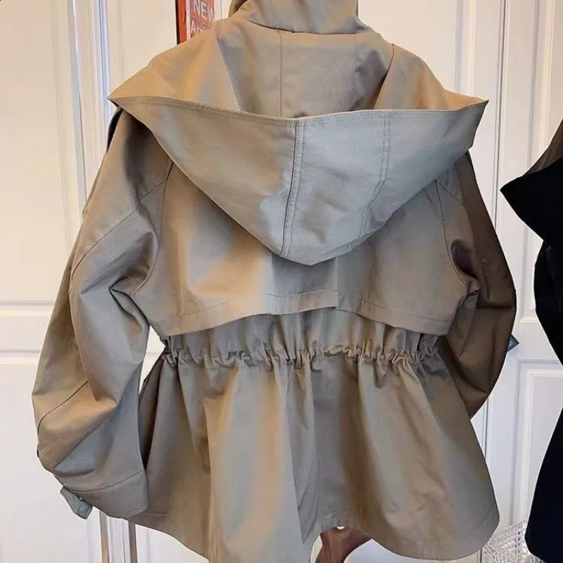 Hmsvenjz autumn fashion polo collar hooded trench coat ultrathin n short casual loose top womens clothing 240824