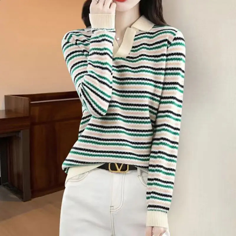 Korean Women Clothing Fashion Bottoming Stripe Sweaters Spring Autumn Long Sleeve Casual All-match V-Neck Knitted Pullovers Tops 240824